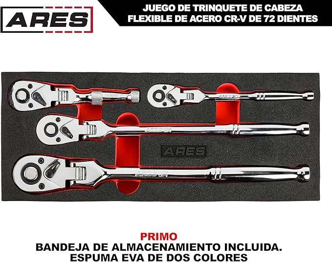 ARES 42040 - Flex Head Ratchet Set - 4-Piece 72-Tooth Ratchets - Premium Chrome Vanadium Steel Construction & Chrome Plated Finish - Quick Release Reversible Design with 5 Degree Swing