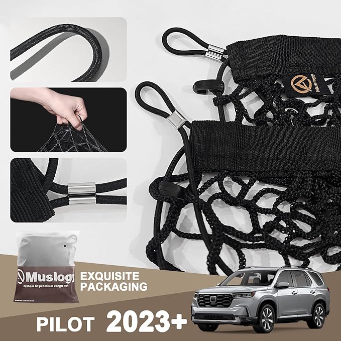 Muslogy Truck Bed Cargo Net Trunk Netting Compatible with Honda Pilot 2023-2026 | 2026+ Passport Accessories, Pickup Cargo Organizer SUV Sedan Storage Net w/Heavy Duty Carabiners