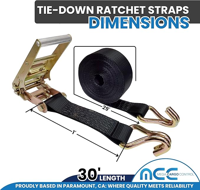 Mega Cargo Control Ratchet Tie Down Strap with J Hooks, 3" x 30' Straps, 16,200 LBS Breaking Strength, for Tiedown Ratchet, Flatbed, Trailers, Pick up Truck. (Black, 10-Pack)