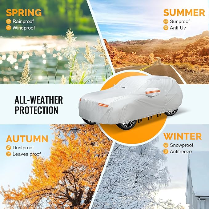 30 Layers Heavy Duty SUV Car Cover for Automobiles All Weather Waterproof, Outdoor Snowproof UV Protection Windproof, Door Zipper, Soft Cotton Universal Car Covers (Silver, Fit SUV 171"-180")