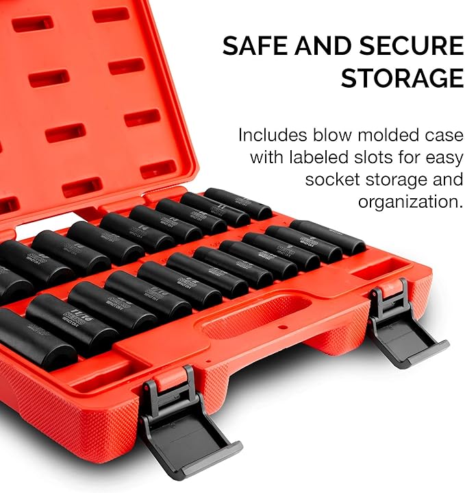 NEIKO 02431A 3/8” Drive SAE and Metric Deep Impact Socket Set | 21 Pieces | SAE 5/16” to 3/4” | Metric 7mm to 19mm | Premium Cr-V Steel | 6-Point Hex Design | Corrosion Resistant Coating