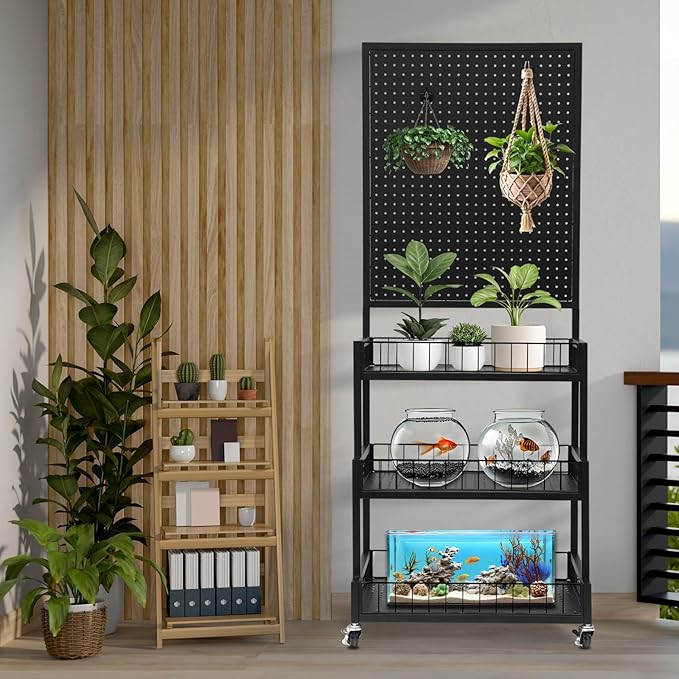 NectaCol Pegboard Panels, 3-Tiers Metal Pegboard Display Stand with Peg Board Panel, Standing Pegboard Display Rack, Craft Show Display, Art Display and Retail Display Stand with 10 Hooks - Black