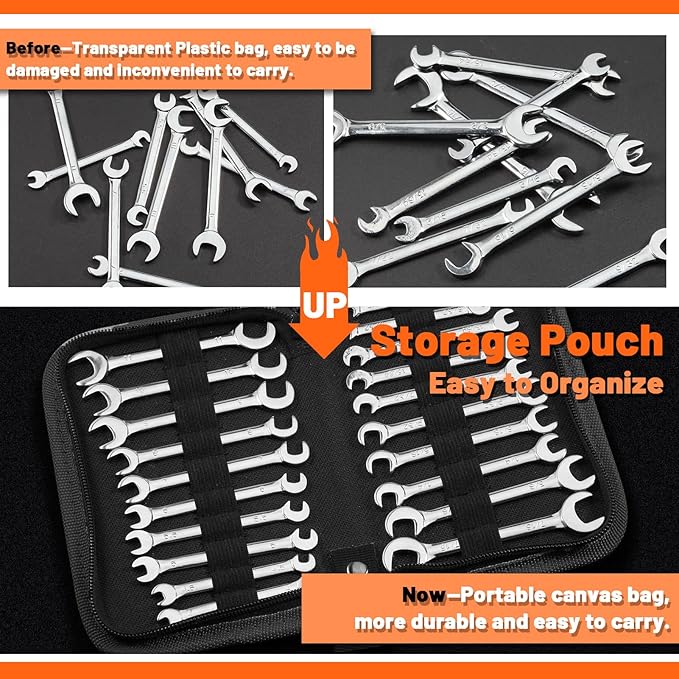 SPEEDWOX Mini Double Open End Wrench Set, 10-Piece Metric & SAE, Super-Thin Angled Heads, Made of Premium Carbon Steel, Includes Storage Pouch