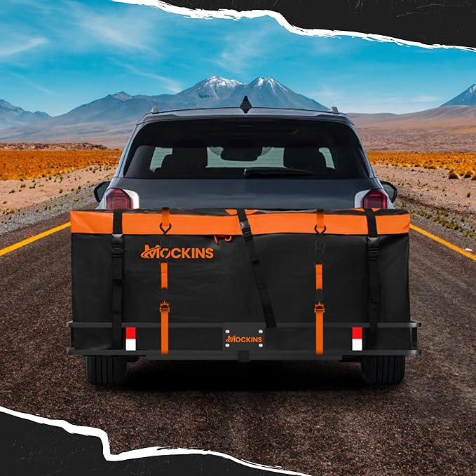 Mockins 16 Cu.Ft. Trailer Hitch Cargo Carrier Bag | 58"x20"x24" Abrasion-Resistant Vinyl Cargo Bag for Hitch Carrier | Waterproof Truck Bed Storage Set w/Buckle Straps, Combination Lock & Carry Case