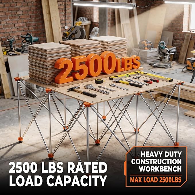 4'x4' Heavy Duty Portable Folding Workstand - 3,500 lbs Capacity Collapsible Workbench with Thickened Legs, Round Steel X-Braces & 4" Adjustable Leveling Feet - Instant Setup for Jobsite & Garage