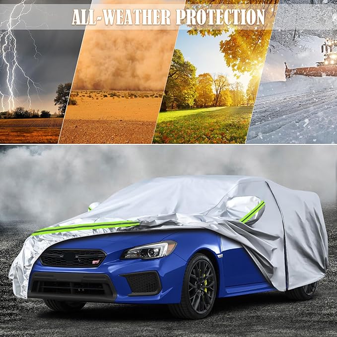 Waterproof Car Covers Replace for 2014-2025 Subaru WRX, 6 Layers Silver All Weather Car Cover with Zipper Door & Windproof Bands for Snow Rain Dust Hail Protection