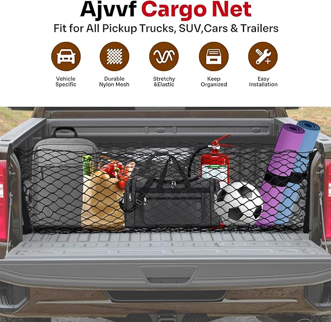 Truck Bed Cargo Net Trunk Netting Fit for All Pickup Trucks, SUV,Cars & Trailers,(51.2"x17.8" to 65"x17.8") Double Thick Heavy Duty Pickup Truck Bed Organizer-5mm Bungee,4 Metal Hooks