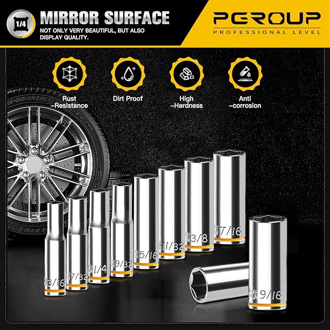 10PCS 1/4” Drive Deep Socket Set, SAE (3/16"-9/16"), 6-Point, Cr-V Steel, Chrome Plated Socket With Hanging Bracket, Cover Most Commonly Sizes