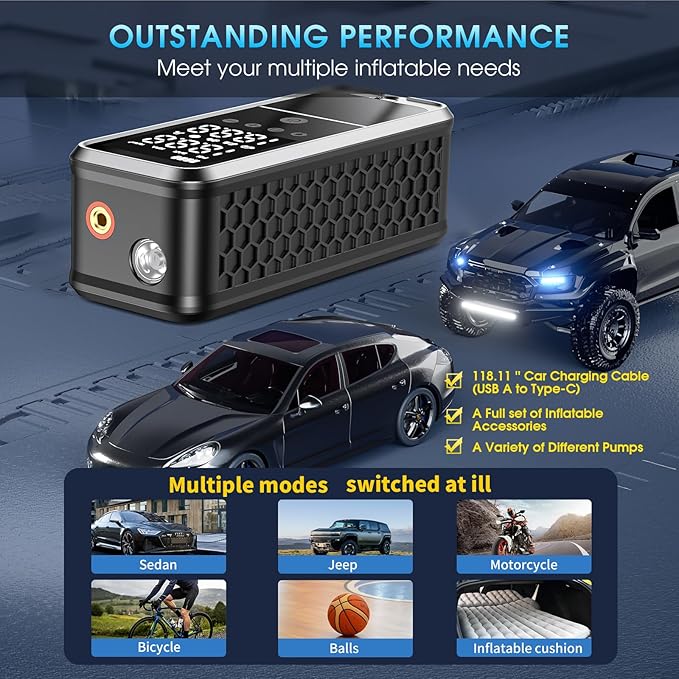 Tire Inflator Portable Air Compressor, 6000mAh Air Pump for Car Tires 160 PSI Portable Air Pump with Tire Gauge Pressure & LED Light & Auto Shut-Off Cordless Bike Pump for Car, Motor, Bike, Ball