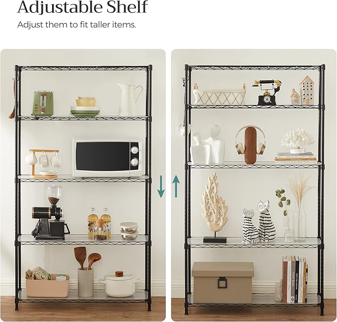 SONGMICS 5-Tier Storage Shelves, Wire Shelving Unit, Kitchen Metal Shelves, Storage Rack with Adjustable Shelves, Shelf Liners, 8 Hooks, for Garage, 11.8 x 35.4 x 63 Inches, Black ULGR095B01