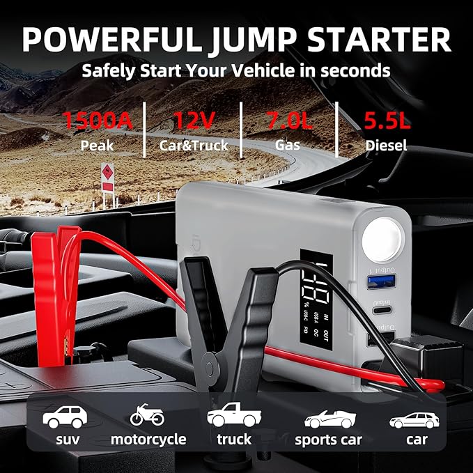 IDEAPLAY Jump Starter, 1500A Car Battery Jump Starter Portable for Up to 7.0L Gas and 5.5L Diesel Engine,Type C Fast Charging Battery Jumper with LED Flashlight