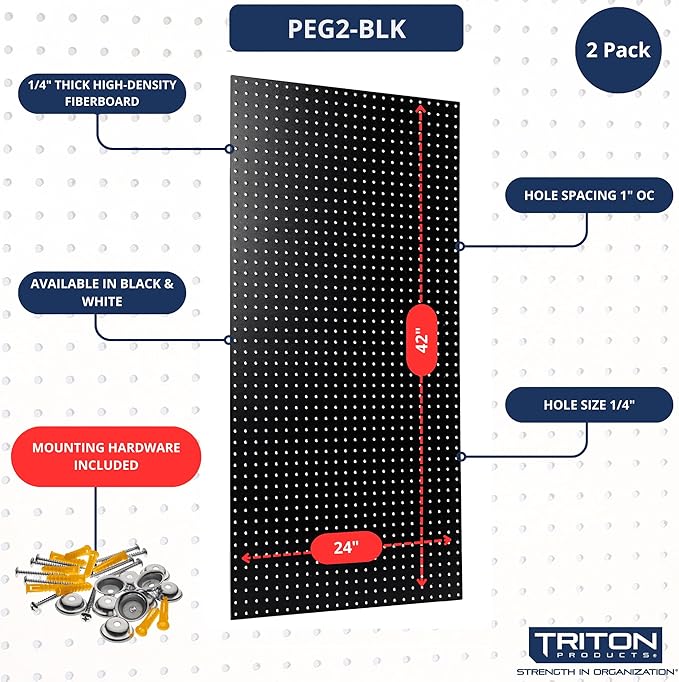 Triton Products High Density Fiberboard Pegboards with Mounting Hardware, 24" x 42" x 1/4", Black (Set of 2)