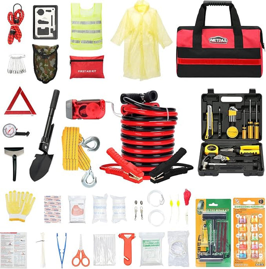 Car Roadside Emergency Kit with Jumper Cables, Auto Road Side Safety Kit for Vehicles - with Premium Carry Bag, Repair Tool Set, Folding Shovel, for Men, Women, Teenagers
