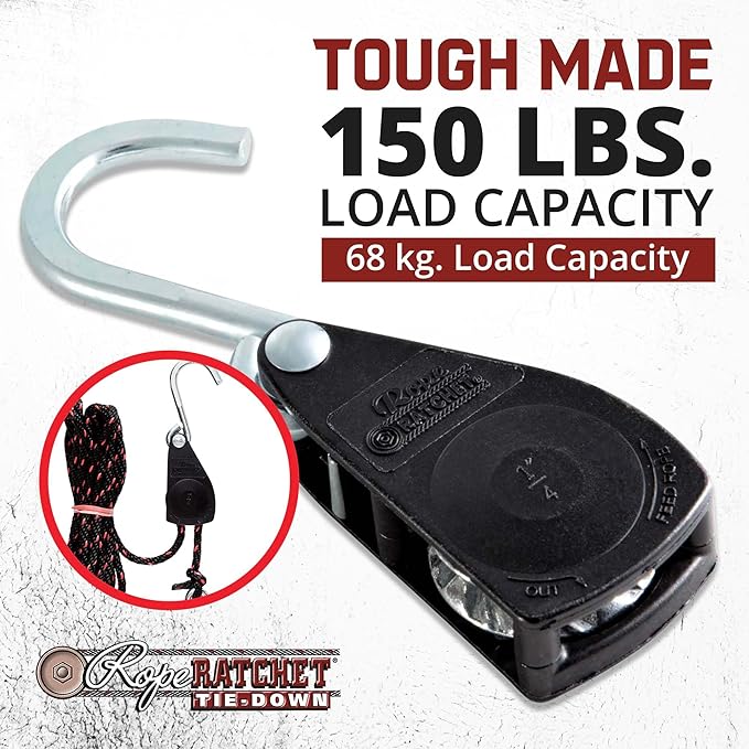 Rope Ratchet 1/4" Tie Down Pulley Hanger, Heavy Duty Locking Mechanism, Tightener for Shade Sails, Hammocks, Canopy Anchoring, Garden Hoisting, Outdoor Use, 150 lbs Capacity - No Rope Included