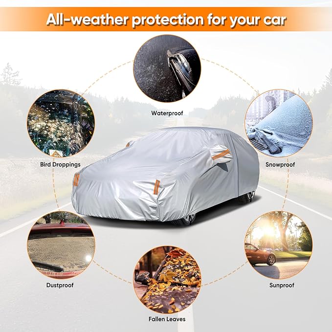 NEVERLAND Sedan Car Cover Waterproof Heavy Duty All Weather Protection Snow Anti-UV Windproof Outdoor Full Car Cover Fit for Automobiles BMW/Mercedes-Benz/Honda (172-183 inch)