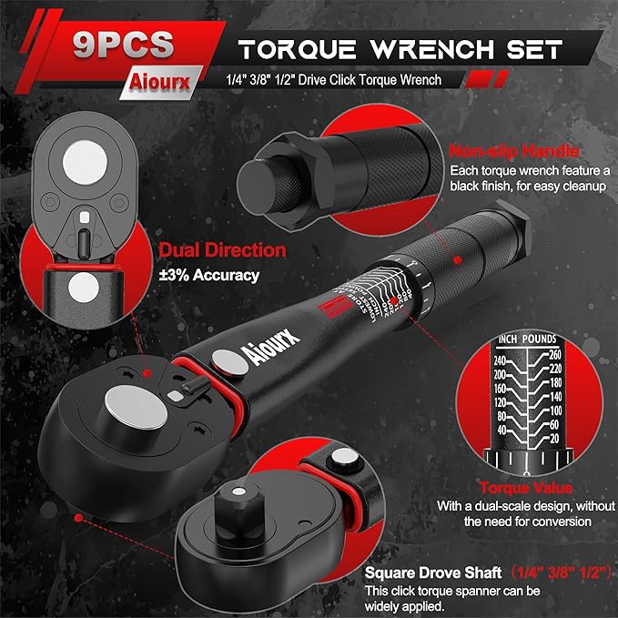 9 PCS Torque Wrench Set, 1/4" 3/8" 1/2" Drive Click Torque Wrench, 72 Tooth Dual-Direction Adjustable, Dual Scale, ±3% Accuracy, for Bicycle, Motorcycle, Automotive Repair and Maintenance