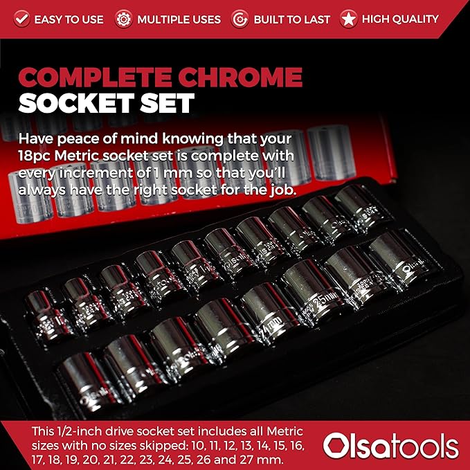 Olsa Tools Metric Shallow Socket Set - 1/2-Inch Drive, 18pc - 6-Point Chrome Sockets from 10mm–27mm and No Skipped Sizes - Mechanic Shallow Metric Socket Set - Professional Grade Sockets - Part: 1326