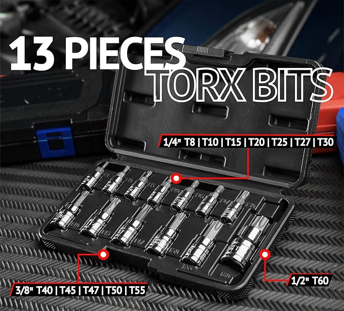 EPAuto 1/2-inch Drive Click Torque Wrench Torx Bit Socket Set, Star Socket T8-T60