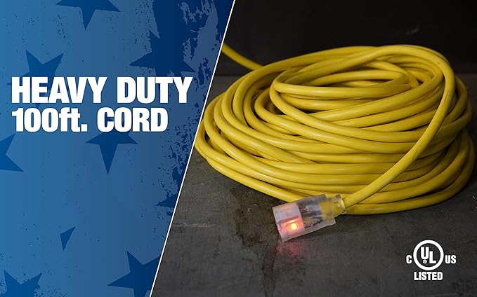 Southwire Outdoor Extension Cord – Durable Vinyl Jacket for For Farm, Ranch & Workshop - Lighted End With Reinforced Blades - SJTW, Yellow - 12 Gauge, 3 Prong - 100 Feet