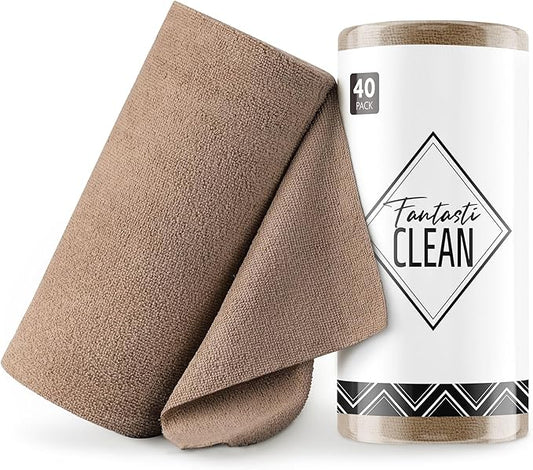 Fantasticlean Microfiber Cleaning Cloth Roll -40 Pack, Tear Away Microfiber Towels, 12" x 12", Reusable, Washable, Scratch Free, Ultra Absorbent for All-Around Cleaning Supplies (TAN)