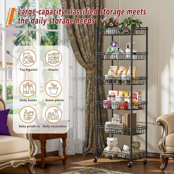 Golpart 6 Tier Basket Shelf Wire Shelving Unit Adjustable Storage Shelves Big Basket Rack for Garage Kitchen Office Pantry Corner 17.2" Dx12.2 Wx63 H Black
