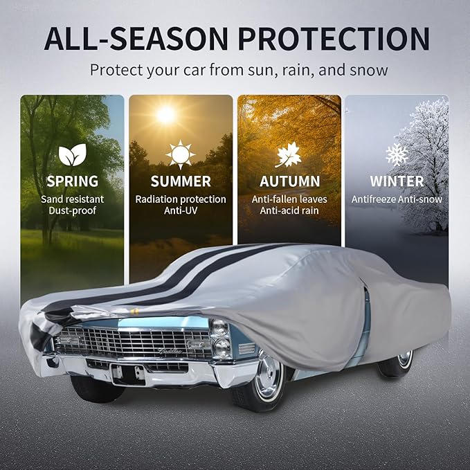 Multi-Layer Sedan Car Cover Custom Fit for Cadillac DeVille(1960-1980), 100% Waterproof All Weather for Automobiles, Gift with Towel, Heavy Duty Car Covers for Rain Sun UV Protection with Door Zipper.