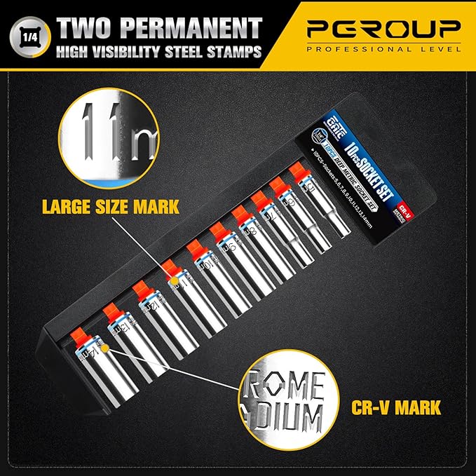 10PCS 1/4” Drive Deep Socket Set, Metric (5mm-14mm), 6-Point, Cr-V Steel, Chrome Plated Socket With Hanging Bracket, Cover Most Commonly Sizes