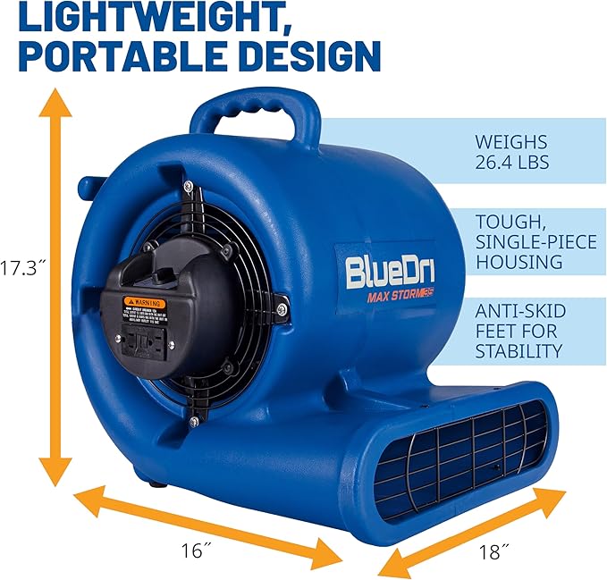 BlueDri Max Storm 35 1/3 HP 2900 CFM Air Mover Blower Floor Fan for Industrial Water Damage Flood Restoration Carpet and Floor Drying Blower Fan, Blue, BD-MS35