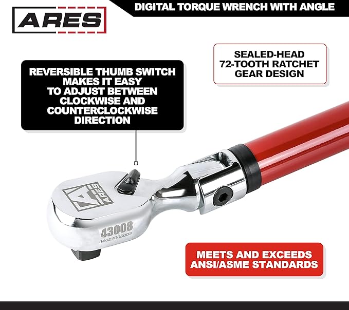 ARES 43008-1/2-Inch Drive Flex Head Electronic Digital Torque and Torque Angle Wrench - 25-250 ft/lbs (34-340Nm) - Reversible Sealed Head - Multi-Alert Prevents Over-Torquing