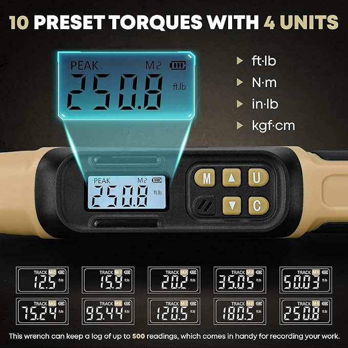 Digital Torque Wrench 1/2 Drive, 12.5-250.7 ft·lb (17-340N.m) ±1% Accuracy Electronic Torque Wrench with Buzzer and LED Heavy Duty Torque Wrench Set with Socket for Car Repair Trucks large machinery