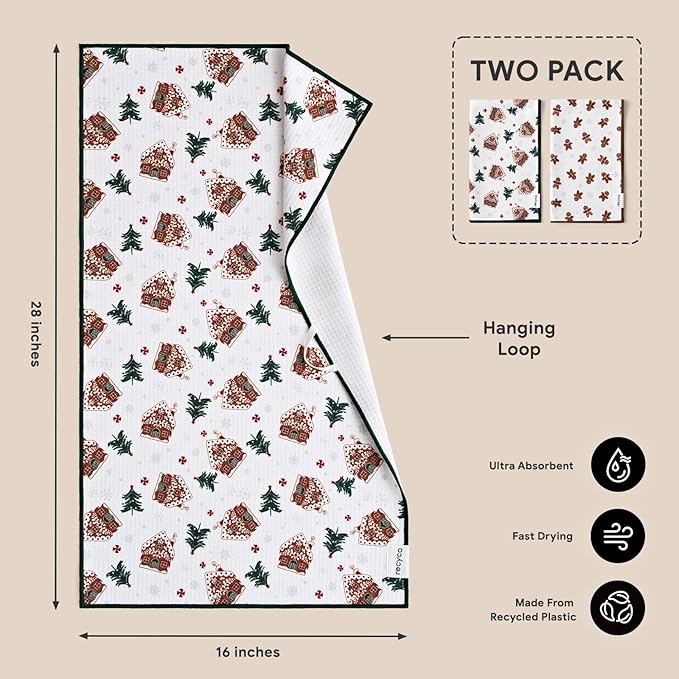 RECYCO Christmas Waffle Kitchen Towel Set of 2 - Quick Dry Microfiber Sustainable Dish Towels - Ultra Absorbent Reusable Cleaning Tea Towels - Lightweight Hand Towels,16”x 28”, Gingerbread Joy