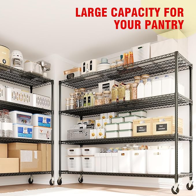 59"W Storage Shelves 2640LBS Heavy Duty Garage Shelving Units with Wheels, 4-Tiers Wire Shelving Rack Metal Storage Shelves with Adjustable Shelf, for Garage Pantry Kitchen Commercial Industrial