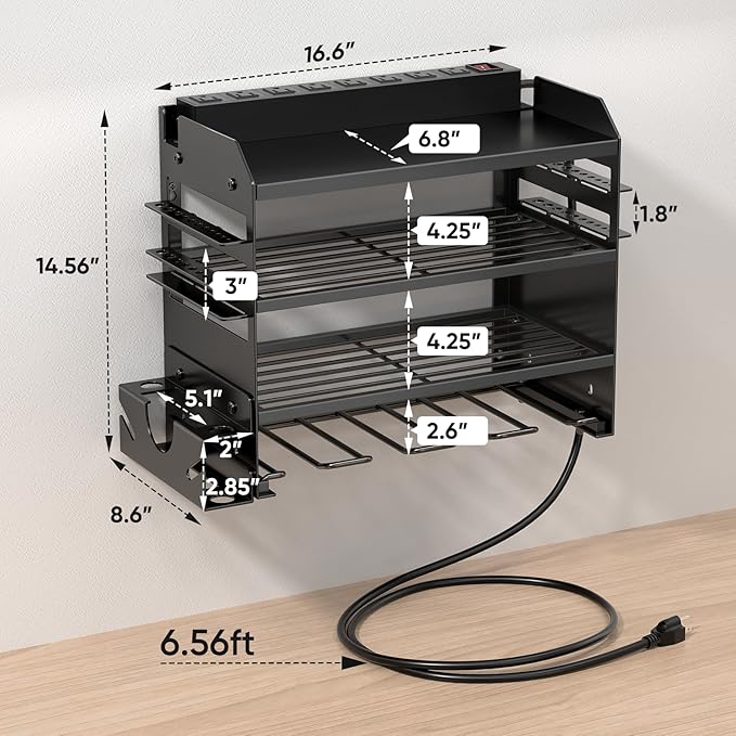 POKIPO Power Tool Organizer Wall Mount with Charging Station,Tool Storage Rack with 8 Outlet Power Strip,Heavy Duty Metal Battery Utility Rack with 4 Cordless Drill Holder 6.56 Ft Cord for Garage