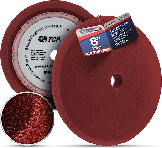TCP Global 8" Red Foam Buffing Pad Extra Coarse Cutting Polish Hook and Loop Backing - Buffing Pad for Automotive, Marine, Truck, RV & Compound Cutting