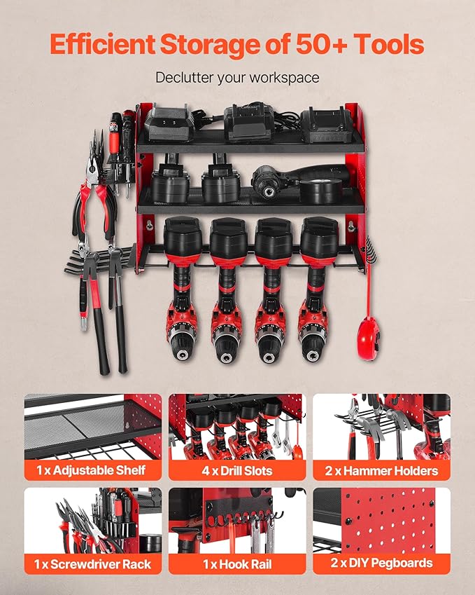 VEVOR Power Tool Organizer Wall Mount, 3-Layer Storage Rack with 4 Drill Holders, Tools Holder and Storage Rack with Side Pegboards, Garage Tool Organizer for Garage, Workbench, and Workshop