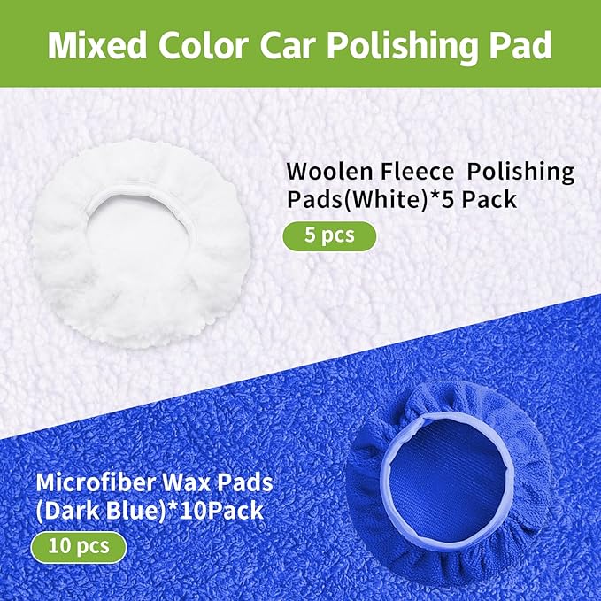15 Pack Car Polishing Pads, Mix Car Polishing Bonnet Buffing Pads, 10*Microfiber+5*Woollen Car Polisher Buffer Pads, 5" - 6" Car Buffer Pads for Car, Glass,Instruments, Cameras, Furniture, Metal, Wood