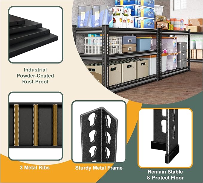 3-Tier Garage Shelving Heavy Duty，36" Metal Shelving Unit for Garage, 1320 lbs Load Capacity Utility Rack Shelves＆ Storage Shelves, 40”W x 18”D x 36”H(Black)
