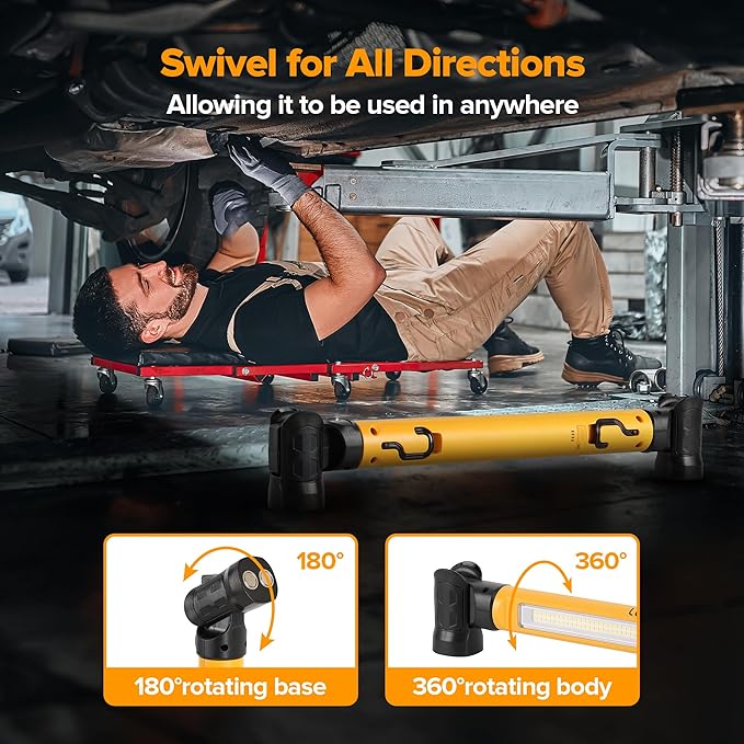 LUTEC 3000LM LED Work Light, 5200mAh Rechargeable Magnetic Under Hood Work Light Bar with Hooks, Cordless Portable Mechanic Light for Car Repairing/Inspection/Garage/Emergency-Yellow