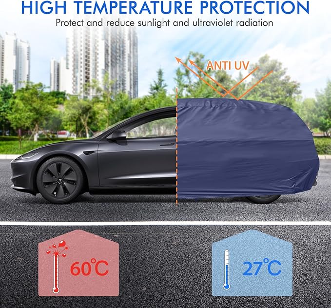 Tesla Model 3 Car Cover Waterproof All Weather, 6 Layers Outdoor Full Exterior Cover Rain Sun UV Snowproof Protection with Zipper Cotton, Mirror Pocket and Charging Port