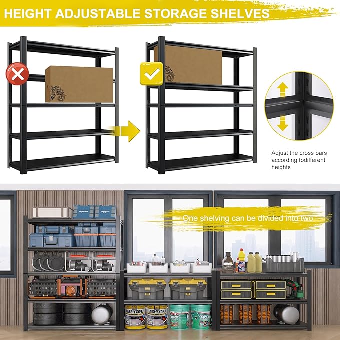 HYCHIKA 5-Tire Garage Shelving Units Storage Shelves Rack, 72 Inches Height Heavy Duty Adjustable Steel 3000 lbs Industrial Metal Shelf for Basement, Garage Organization (72" H x 59" W x 24" D)