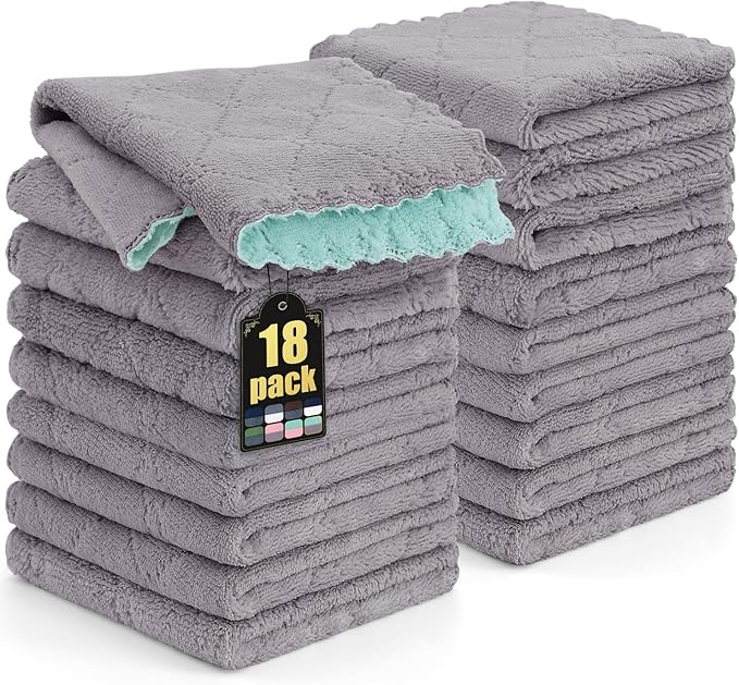 Mordimy 18 Pack Kitchen Cloths Dish Towels (10" x 10", Grey & Green), Super Soft and Absorbent Dish Cloths, Coral Velvet Microfiber Cleaning Cloth, Nonstick Oil Fast Dry Dishcloths
