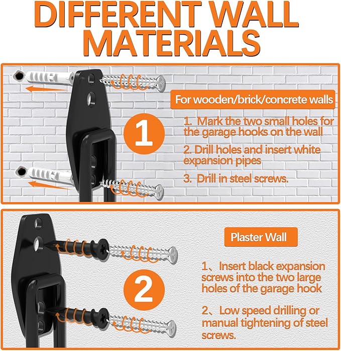 3-H Garage Wall Hooks Heavy Duty 8 Pack, Anti-Slip Steel Wall Mount Storage Hooks for Hanging Ladder Garden Yard Tools, Utility Organizer for Garage Lawn Shed(Orange)