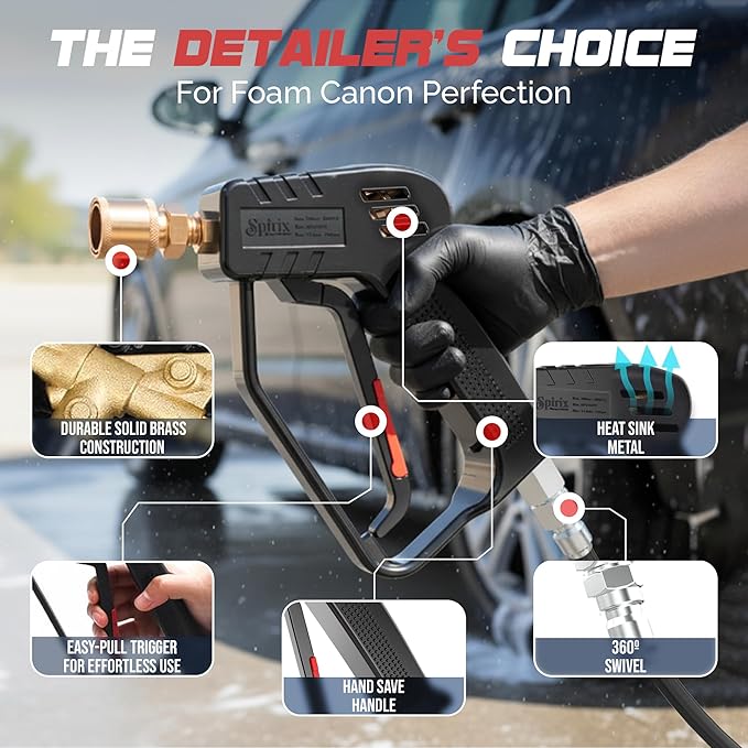 SPIRIX Stubby Pressure Washer Gun - 4000 PSI Short Power Washer Gun with 360° Swivel, 3/8" Quick Connect, Heavy Duty Spray Handle for Foam Cannon Car Wash Detailing
