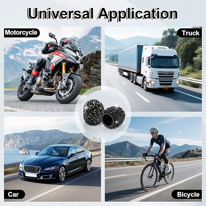 JUSTTOP 4 Pack Handmade Crystal Rhinestone Car Tire Valve Stem Caps, Wheel Valve, Attractive Dustproof Bling Accessories, Universal for Cars, Trucks and Motorcycles-Black