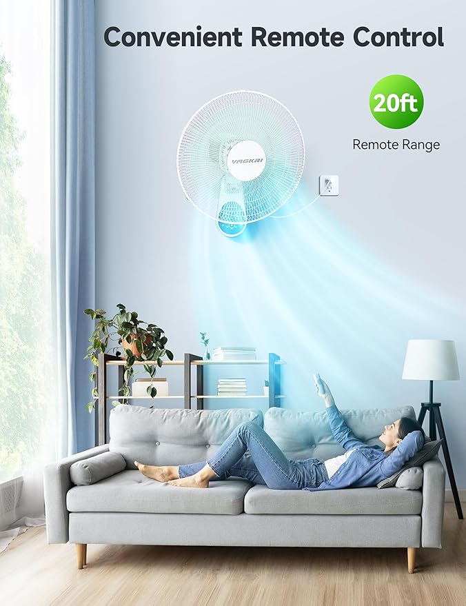 VAGKRI Wall Mount Fan, 16 Inch Quiet Oscillating Fan with Remote, 5 Blades, 5 Speeds, 3 Wind Modes, 8 Hour Timer for Home Office Bedroom Living Room Garage