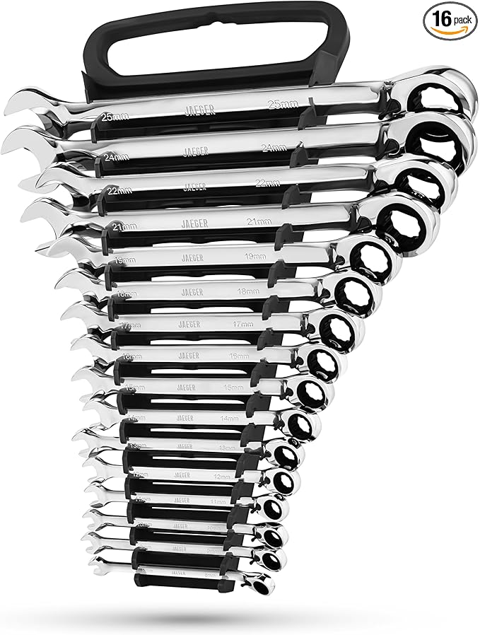 Jaeger 16pc MM/Metric Reversible Ratcheting Combination Wrench Set With Lock-In Rack - REVERSIBLE MASTER SET With Ratchet Speed Wrenches And A Lock-In Rack Case