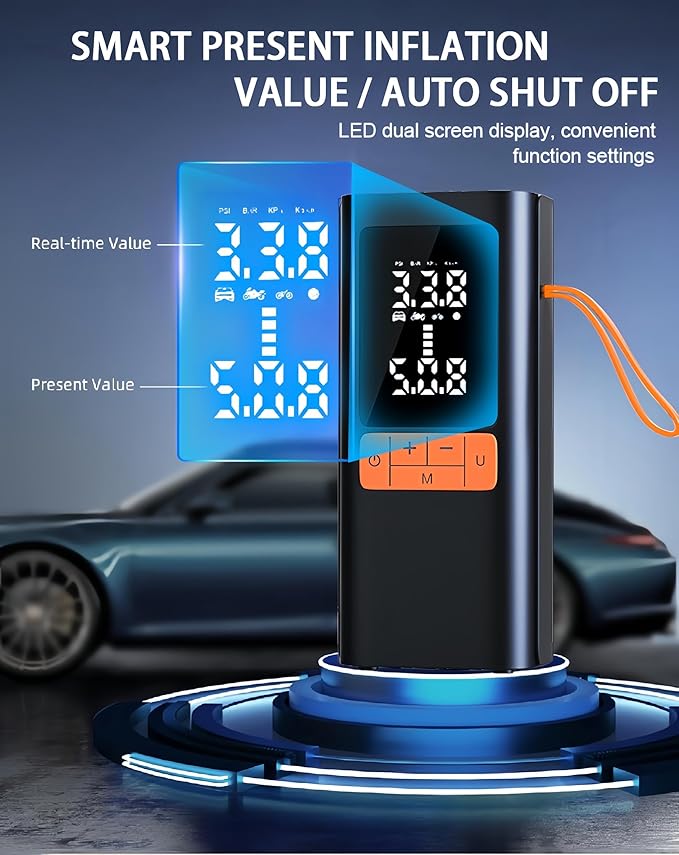 Tire Inflator Portable Air Compressor - 150PSI with Digital Dual-Value Display & LED Light, 12V DC for Cars, Motorcycles, Bicycles, Balls, etc.