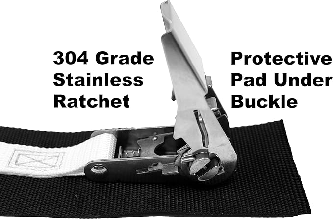 1 Inch Stainless Steel Ratchet Strap, Protective Pad Under Buckle Stainless Steel Carabiner Clip with Grommet On Each End, Fixed End Strap, Total Strap Length 8 Ft