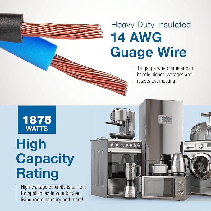 Appliance Extension Cord - 12ft Heavy Duty Gray Extension Wire for Air Conditioner, Refrigerator, & All Major Appliances - 14 Gauge High Voltage 3 Prong Flat-End Appliance Cord, for Indoor use