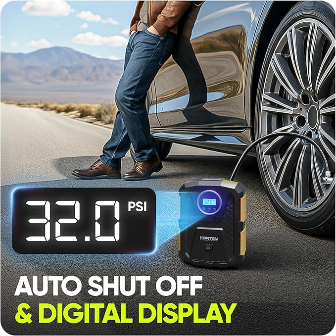 FORTEM Tire Inflator Portable Air Compressor, Air Pump for Car Tires and Bikes, Car Tire Pump w/Auto Shut Off, 150 PSI, 12V DC, LED Light, Carrying Case, for Men, Women